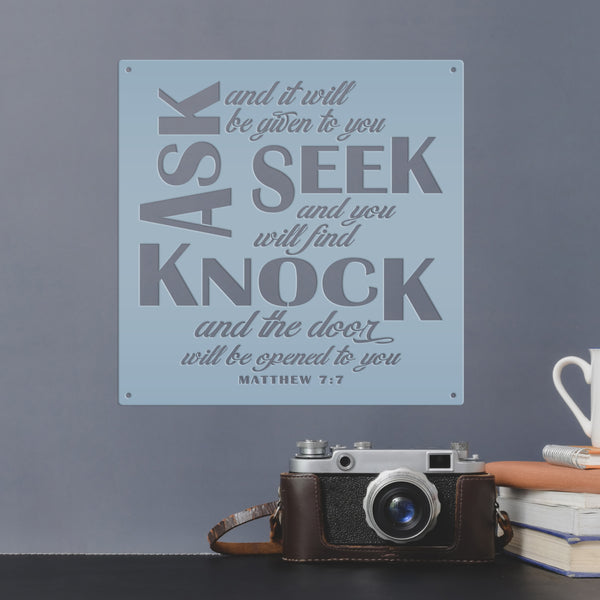 Unique Christian Home Decor - Inspirational Matthew 7 Metal Sign - Religious Wall Hanging - Charming Jesus Art - Church Artwork Decoration