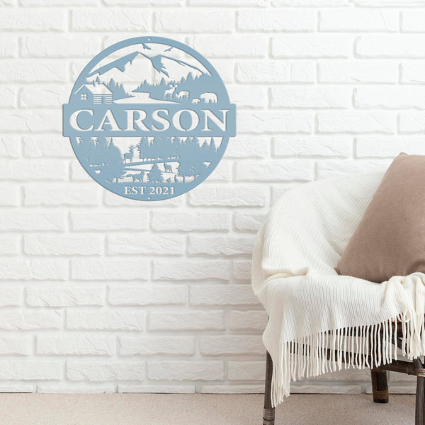 Personalized Mountain Cabin Scene with Established Date Metal Sign-Cabin-Hunting Themed Sign-Decor-Outdoor Cabin-Lodge Decor