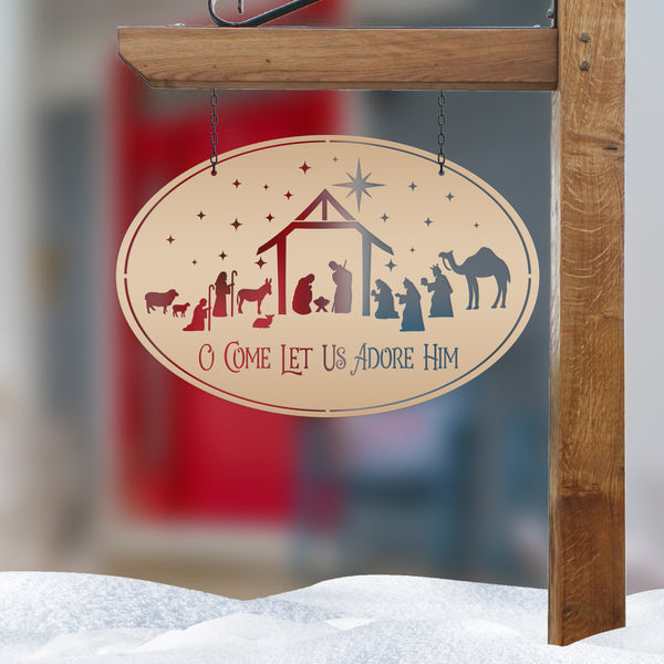 O Come Let Us Adore Him Nativity Metal Sign, Christmas Decor, Outdoor Christmas Decor