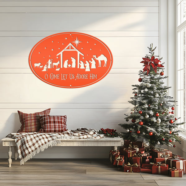 O Come Let Us Adore Him Nativity Metal Sign, Christmas Decor, Outdoor Christmas Decor