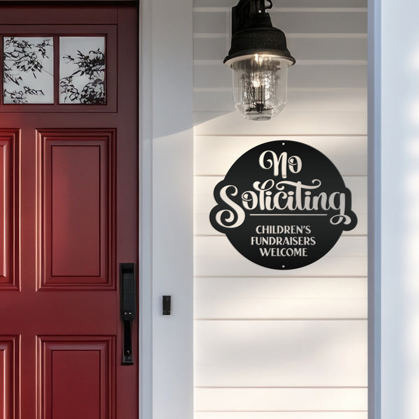 No Soliciting Metal Sign - Children's Fundraisers Welcome - Front Porch Decor - Unique Door Hanger - Outdoor Home Decor - Housewarming Gift