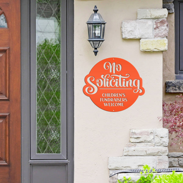 No Soliciting Metal Sign - Children's Fundraisers Welcome - Front Porch Decor - Unique Door Hanger - Outdoor Home Decor - Housewarming Gift