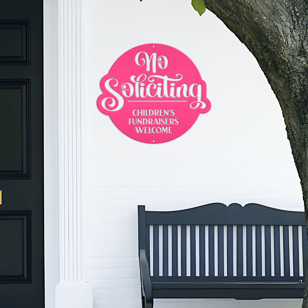 No Soliciting Metal Sign - Children's Fundraisers Welcome - Front Porch Decor - Unique Door Hanger - Outdoor Home Decor - Housewarming Gift