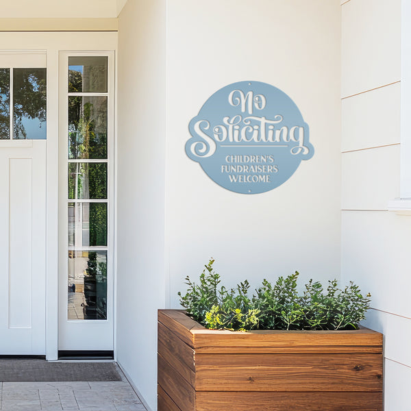 No Soliciting Metal Sign - Children's Fundraisers Welcome - Front Porch Decor - Unique Door Hanger - Outdoor Home Decor - Housewarming Gift