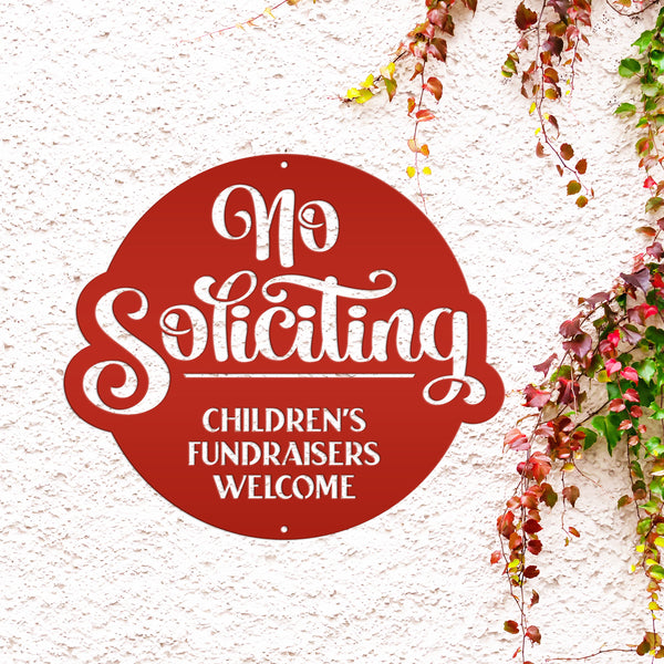 No Soliciting Metal Sign - Children's Fundraisers Welcome - Front Porch Decor - Unique Door Hanger - Outdoor Home Decor - Housewarming Gift