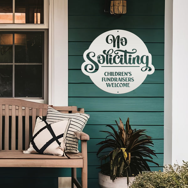 No Soliciting Metal Sign - Children's Fundraisers Welcome - Front Porch Decor - Unique Door Hanger - Outdoor Home Decor - Housewarming Gift
