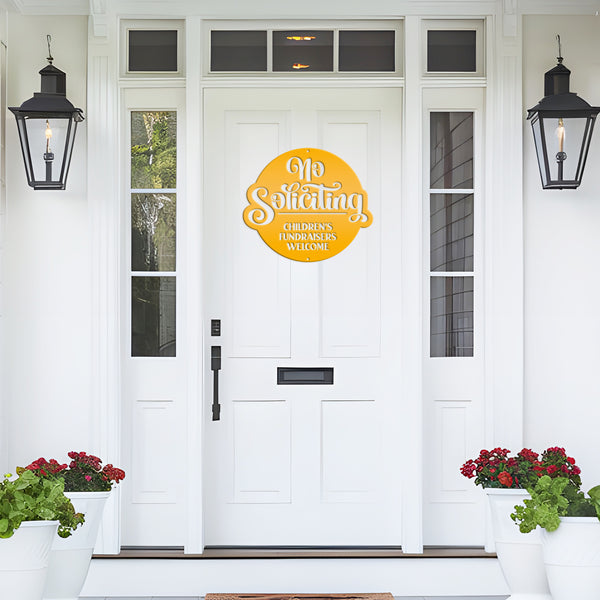 No Soliciting Metal Sign - Children's Fundraisers Welcome - Front Porch Decor - Unique Door Hanger - Outdoor Home Decor - Housewarming Gift