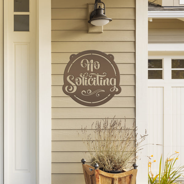 No Soliciting Metal Sign - Unique Front Door Decor - Outdoor Welcome Wall Hanging - Entryway Decoration - Housewarming Gift - Laser Cut Sign