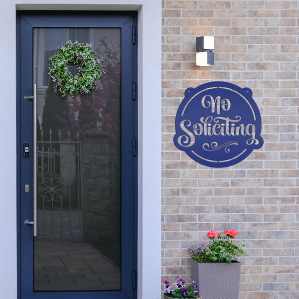 No Soliciting Metal Sign - Unique Front Door Decor - Outdoor Welcome Wall Hanging - Entryway Decoration - Housewarming Gift - Laser Cut Sign