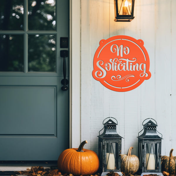 No Soliciting Metal Sign - Unique Front Door Decor - Outdoor Welcome Wall Hanging - Entryway Decoration - Housewarming Gift - Laser Cut Sign