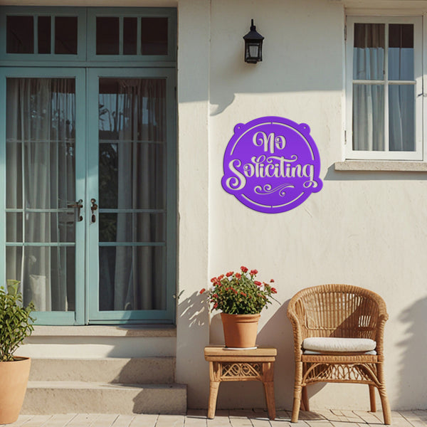 No Soliciting Metal Sign - Unique Front Door Decor - Outdoor Welcome Wall Hanging - Entryway Decoration - Housewarming Gift - Laser Cut Sign
