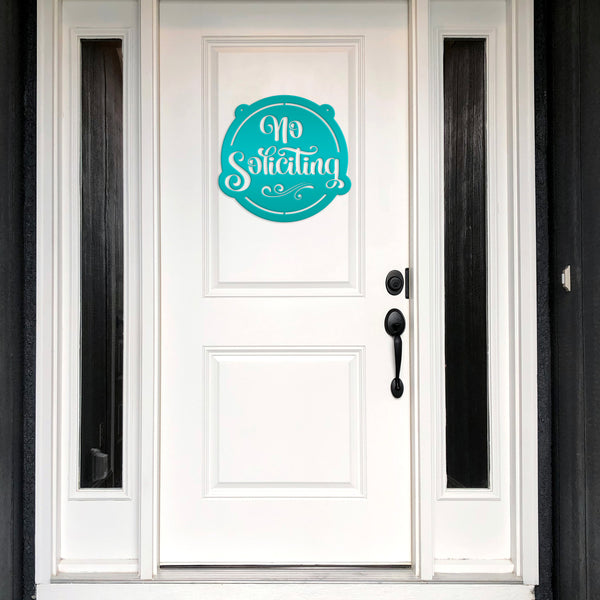 No Soliciting Metal Sign - Unique Front Door Decor - Outdoor Welcome Wall Hanging - Entryway Decoration - Housewarming Gift - Laser Cut Sign