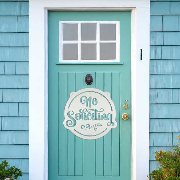 No Soliciting Metal Sign - Unique Front Door Decor - Outdoor Welcome Wall Hanging - Entryway Decoration - Housewarming Gift - Laser Cut Sign