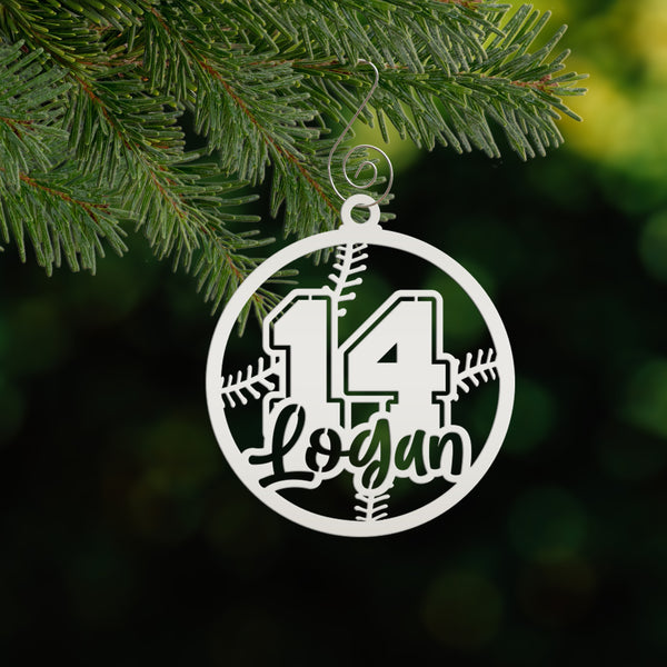 Personalized Name & Number Baseball Metal Christmas/Holiday Ornament