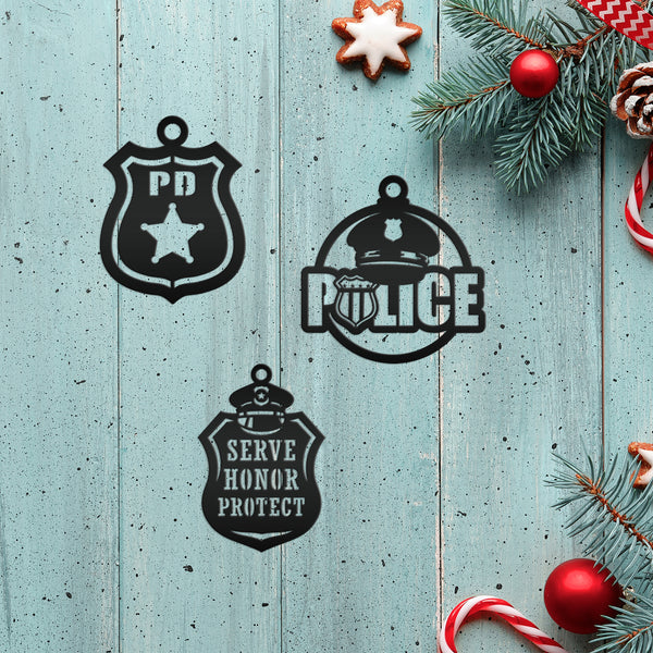 Set of Unique Metal Police Badges - Collectible Ornaments - Custom Holiday Decor - Emergency Responder Christmas Ornament - Stocking Stuffer