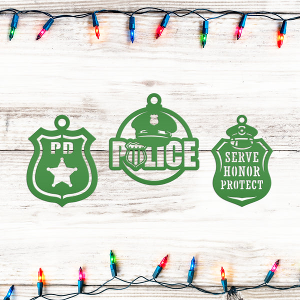 Set of Unique Metal Police Badges - Collectible Ornaments - Custom Holiday Decor - Emergency Responder Christmas Ornament - Stocking Stuffer