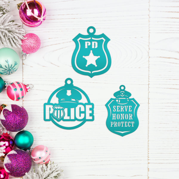 Set of Unique Metal Police Badges - Collectible Ornaments - Custom Holiday Decor - Emergency Responder Christmas Ornament - Stocking Stuffer