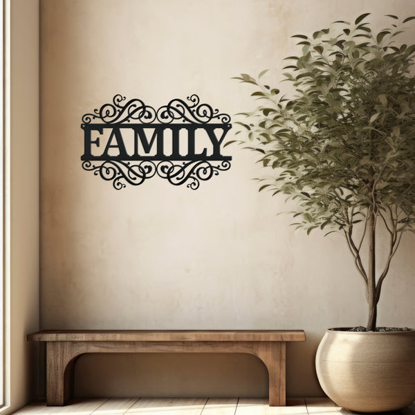 Rustic Family Metal Decor Sign - Charming Farmhouse Decoration - Family Accent Piece - Laser Cut Scrolled Wall Hanging - Housewarming Gift