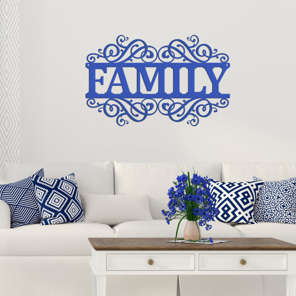 Rustic Family Metal Decor Sign - Charming Farmhouse Decoration - Family Accent Piece - Laser Cut Scrolled Wall Hanging - Housewarming Gift