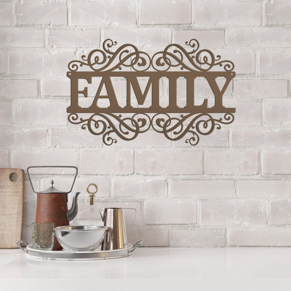 Rustic Family Metal Decor Sign - Charming Farmhouse Decoration - Family Accent Piece - Laser Cut Scrolled Wall Hanging - Housewarming Gift