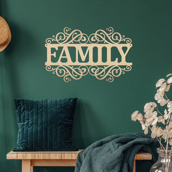 Rustic Family Metal Decor Sign - Charming Farmhouse Decoration - Family Accent Piece - Laser Cut Scrolled Wall Hanging - Housewarming Gift