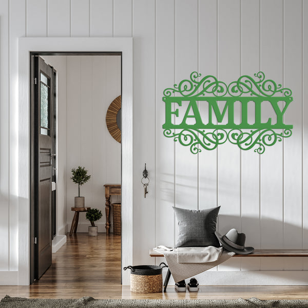 Rustic Family Metal Decor Sign - Charming Farmhouse Decoration - Family Accent Piece - Laser Cut Scrolled Wall Hanging - Housewarming Gift