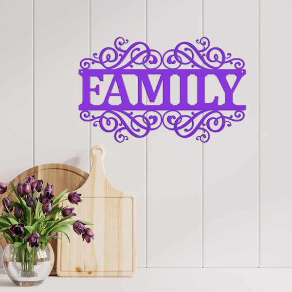 Rustic Family Metal Decor Sign - Charming Farmhouse Decoration - Family Accent Piece - Laser Cut Scrolled Wall Hanging - Housewarming Gift