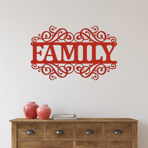 Rustic Family Metal Decor Sign - Charming Farmhouse Decoration - Family Accent Piece - Laser Cut Scrolled Wall Hanging - Housewarming Gift