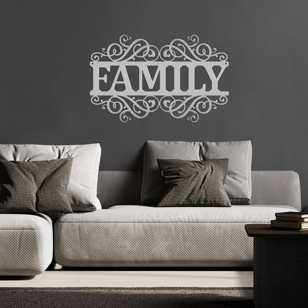 Rustic Family Metal Decor Sign - Charming Farmhouse Decoration - Family Accent Piece - Laser Cut Scrolled Wall Hanging - Housewarming Gift