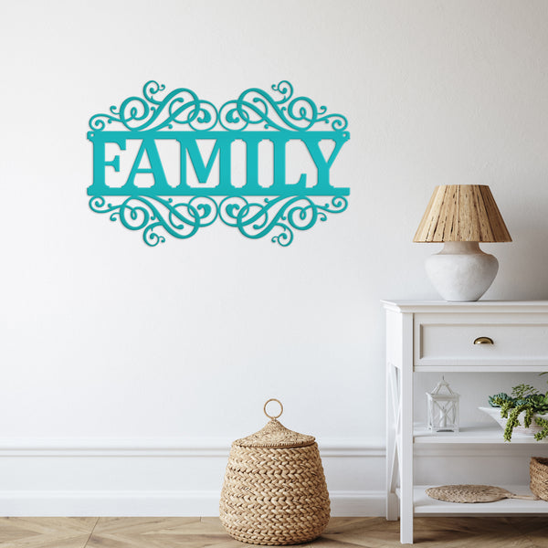 Rustic Family Metal Decor Sign - Charming Farmhouse Decoration - Family Accent Piece - Laser Cut Scrolled Wall Hanging - Housewarming Gift