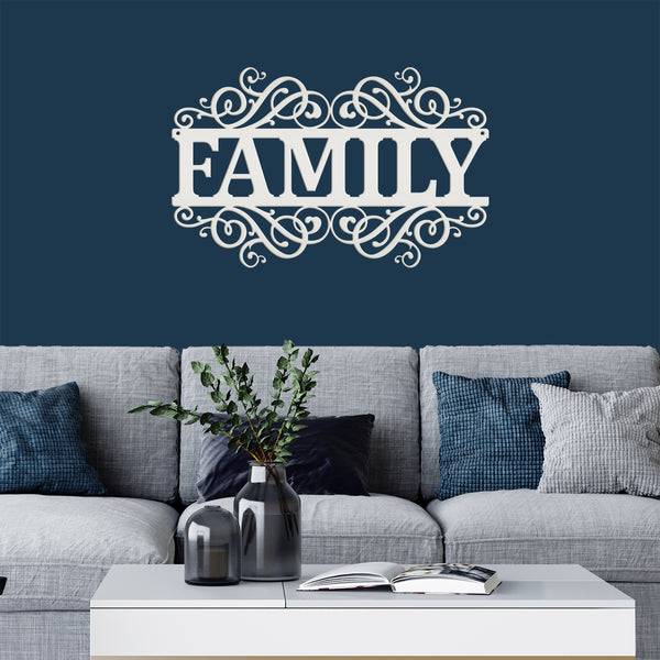 Rustic Family Metal Decor Sign - Charming Farmhouse Decoration - Family Accent Piece - Laser Cut Scrolled Wall Hanging - Housewarming Gift