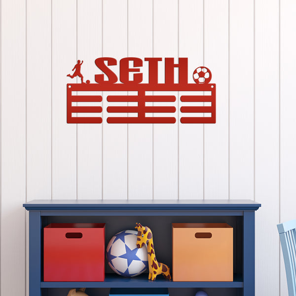 Personalized Soccer Medals Holder - Senior Gift-Metal Holder for Medals-Kids Bedroom Decor-Medal Holder-Ribbons-Pesonalized Medal Display for Bedroom-Custom Medal Holder for Awards-Medal Hanger-Sports Bedroom Decor