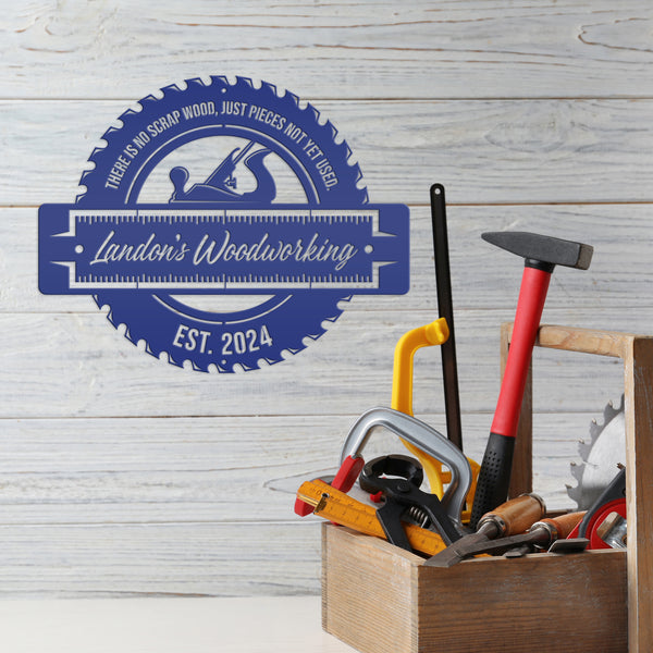 Custom Woodworking Decor - Personalized Carpentry Business Metal Sign - Outdoor Wood Shop Wall Hanging - Man Cave Signs - Father's Day Gift