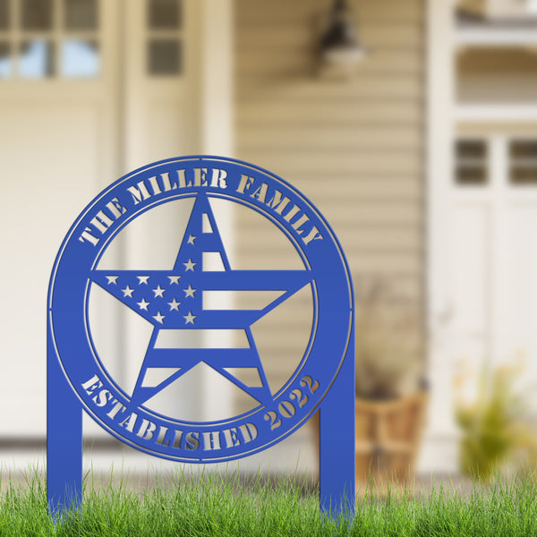 Patriotic American Flag Star with Family Name and Established Date Yard Stake