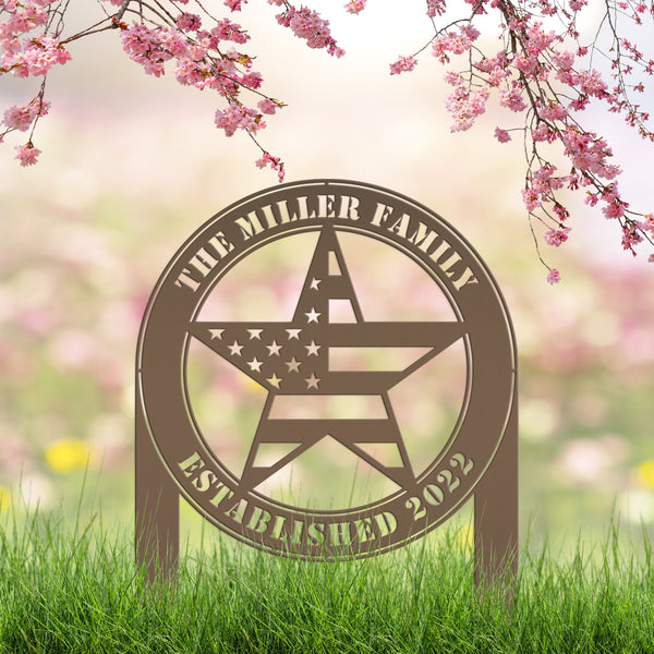 Patriotic American Flag Star with Family Name and Established Date Yard Stake