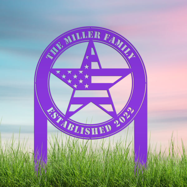 Patriotic American Flag Star with Family Name and Established Date Yard Stake