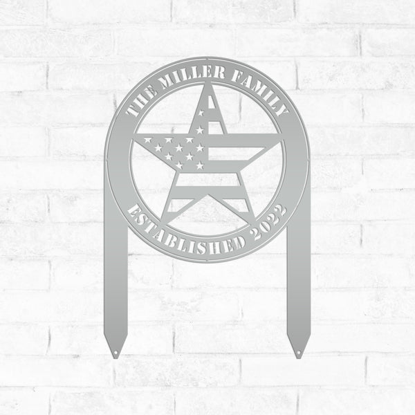Patriotic American Flag Star with Family Name and Established Date Yard Stake