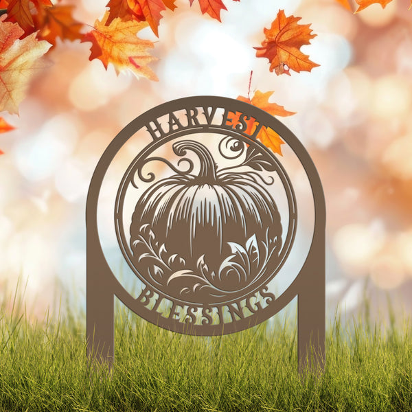 Harvest Blessings Yard Art Stake - Autumn Outdoor Sign - Fall Pumpkin Lawn Decorations - Laser Cut Metal Home Decor - Unique Garden Ornament