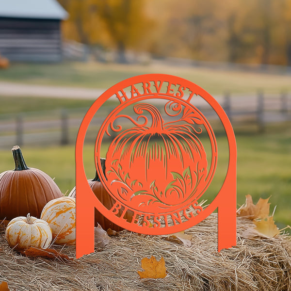 Harvest Blessings Yard Art Stake - Autumn Outdoor Sign - Fall Pumpkin Lawn Decorations - Laser Cut Metal Home Decor - Unique Garden Ornament