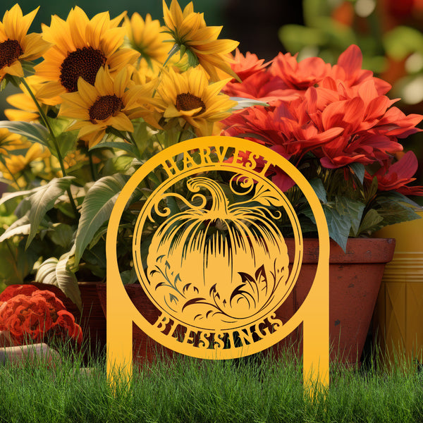Harvest Blessings Yard Art Stake - Autumn Outdoor Sign - Fall Pumpkin Lawn Decorations - Laser Cut Metal Home Decor - Unique Garden Ornament