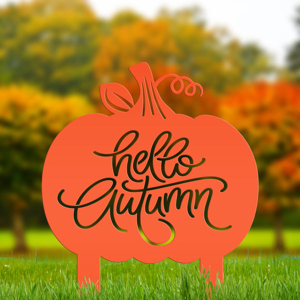 Hello Autumn Metal Yard Stake - Pumpkin Yard Sign-Pumpkin sign- Fall Yard Decorations