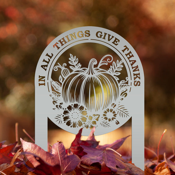Give Thanks Outdoor Decoration - Fall Harvest Metal Yard Art - Thanksgiving Pumpkin Lawn Stake - Charming Autumn Decor - Cute Farmhouse Sign