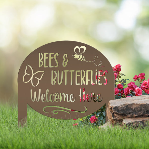 Bees & Butterflies Welcome Metal Yard Stake, Outdoor Garden Bee and Butterfly Decor, Flowerbed Yard Decor
