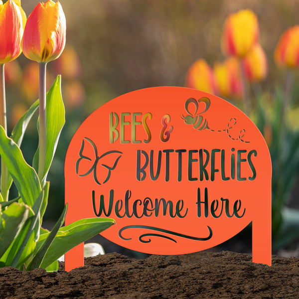 Bees & Butterflies Welcome Metal Yard Stake, Outdoor Garden Bee and Butterfly Decor, Flowerbed Yard Decor