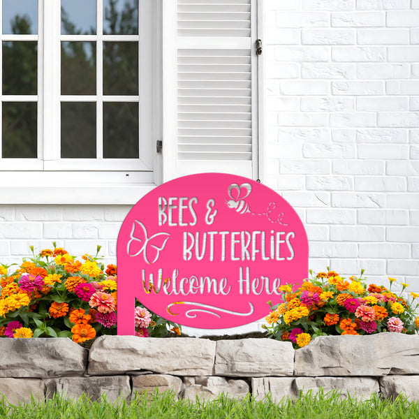 Bees & Butterflies Welcome Metal Yard Stake, Outdoor Garden Bee and Butterfly Decor, Flowerbed Yard Decor