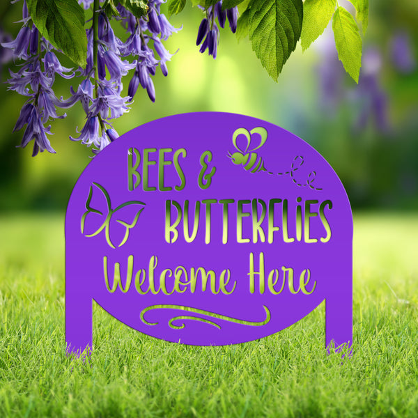 Bees & Butterflies Welcome Metal Yard Stake, Outdoor Garden Bee and Butterfly Decor, Flowerbed Yard Decor
