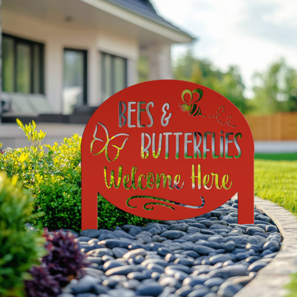 Bees & Butterflies Welcome Metal Yard Stake, Outdoor Garden Bee and Butterfly Decor, Flowerbed Yard Decor