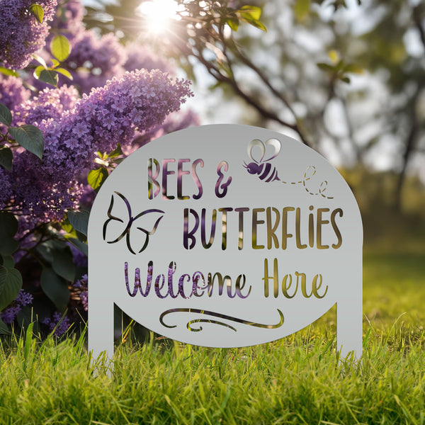 Bees & Butterflies Welcome Metal Yard Stake, Outdoor Garden Bee and Butterfly Decor, Flowerbed Yard Decor