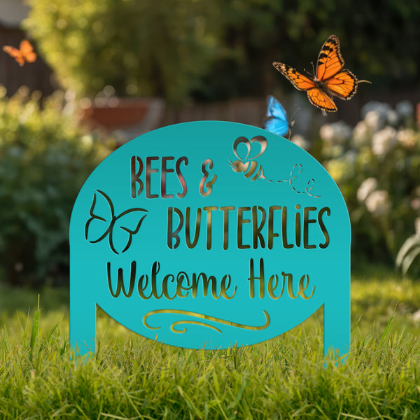 Bees & Butterflies Welcome Metal Yard Stake, Outdoor Garden Bee and Butterfly Decor, Flowerbed Yard Decor