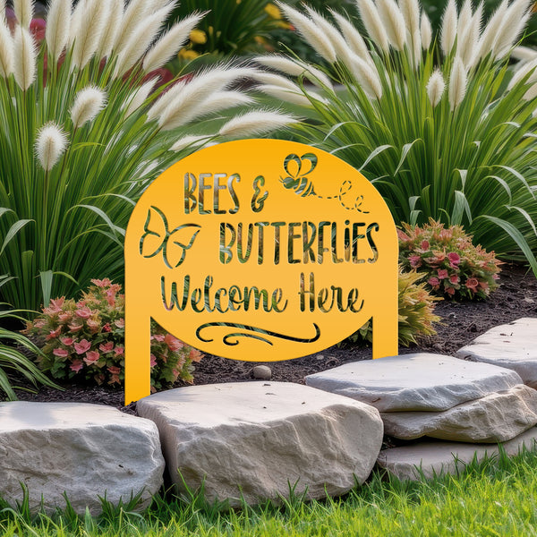 Bees & Butterflies Welcome Metal Yard Stake, Outdoor Garden Bee and Butterfly Decor, Flowerbed Yard Decor